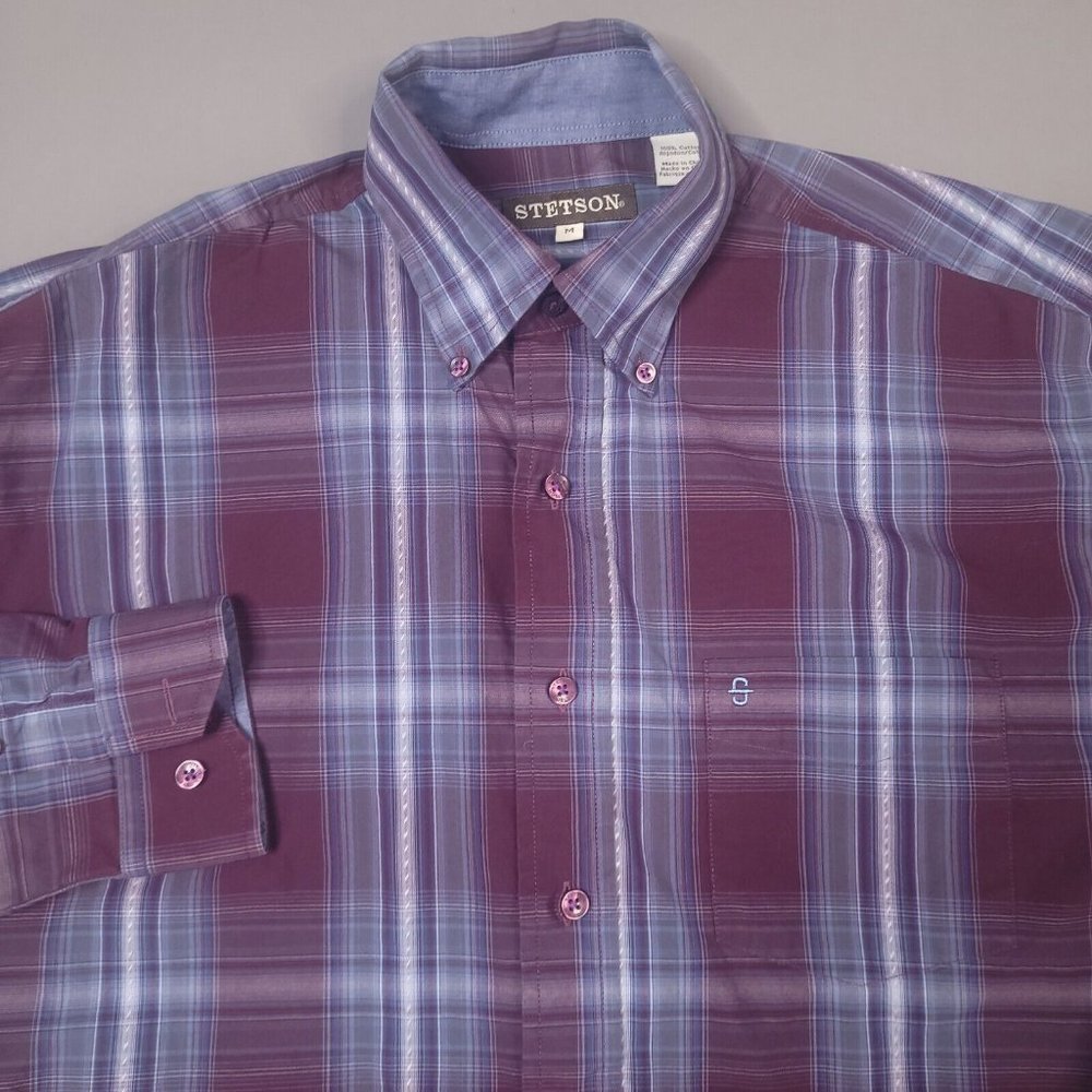 Stetson Plaid Western Button Down Stripe Embroidered Logo Shirt Medium